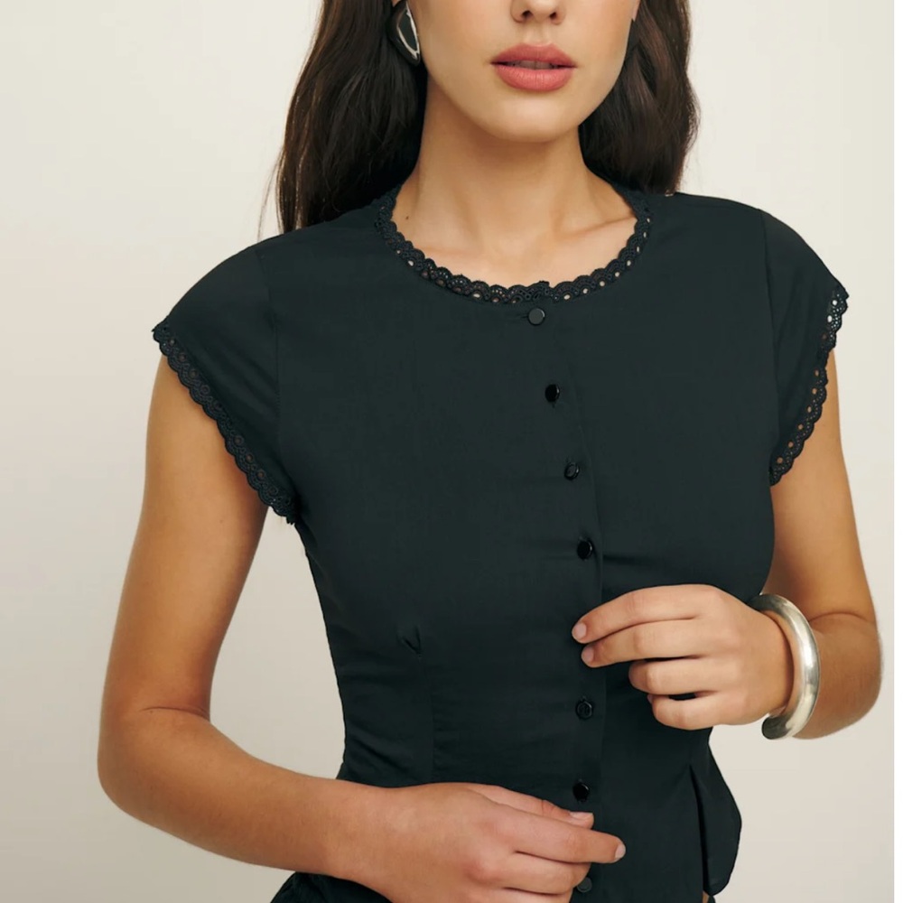 Reformation Black Lace-Trim Button Front Blouse